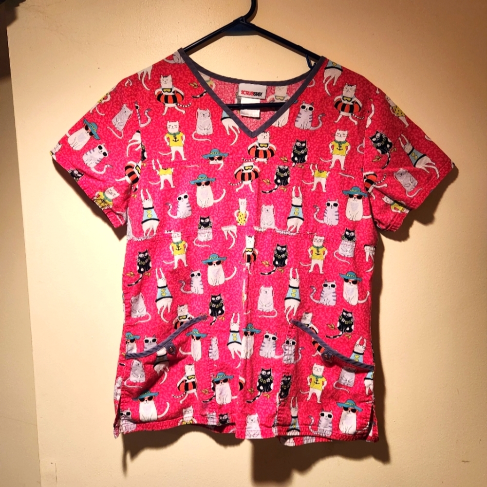 Womens Pink Cat Scrub Top